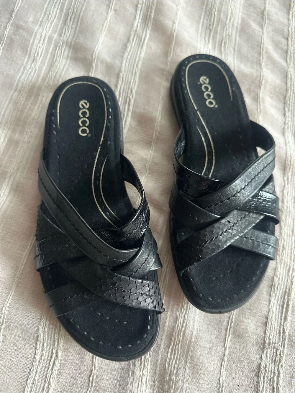 ECCO Babett Black Leather Multi-Texture Strappy Slide Sandals | 36 NWOB